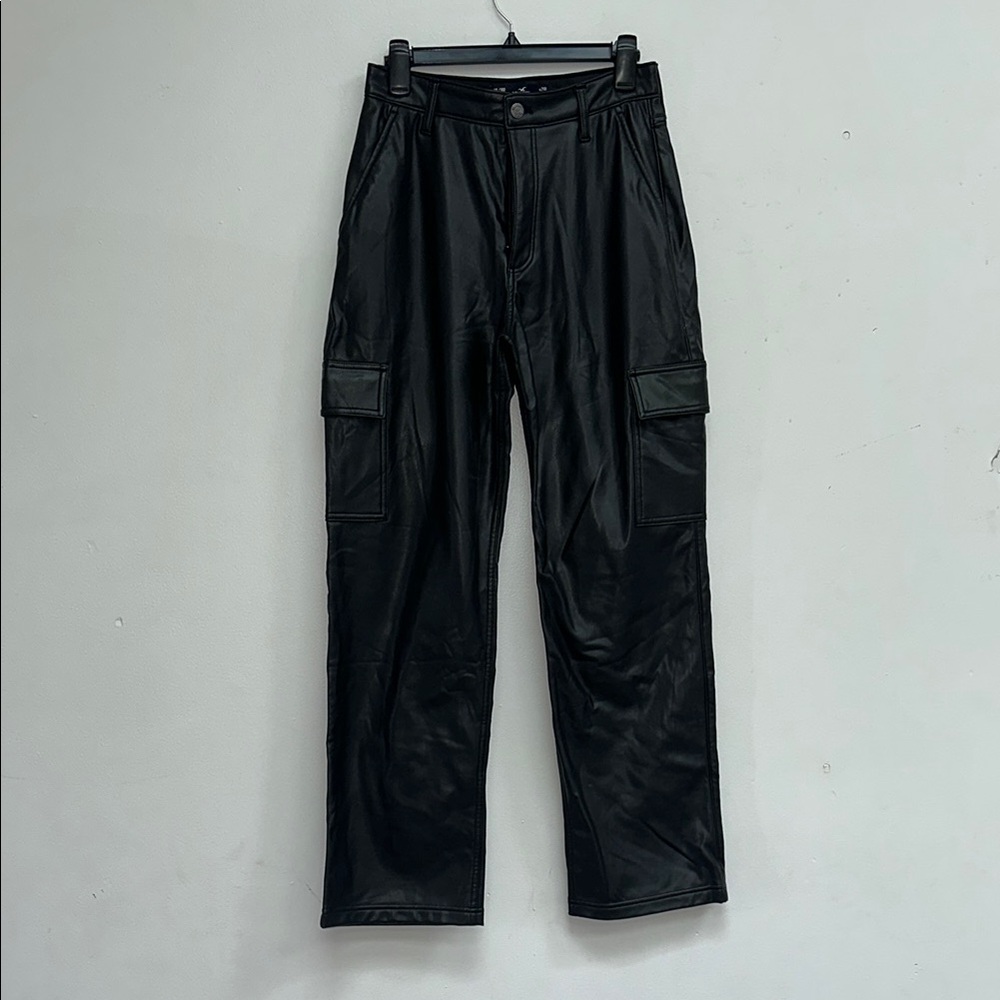 Black Faux Leather Cargo Pants